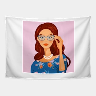 Girl with Wavy Hair and Glasses Tapestry