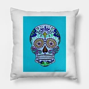 Dia de Los Muertos Skull on Aqua Pillow