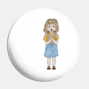 Cute little girl with brown hair and blue skirt Pin