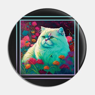 Minty Persian Cat Vibrant Tropical Flower Digital Oil Painting Portrait Pin