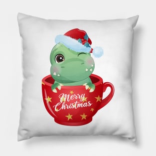 Cute Christmas T Rex Dinosaur In A Cup Pillow