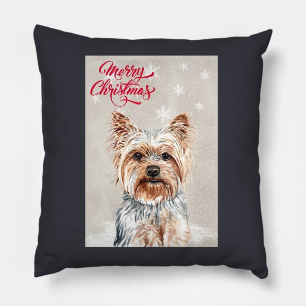 Yorkshire Terrier Dog Christmas Pillow by Puppy Eyes