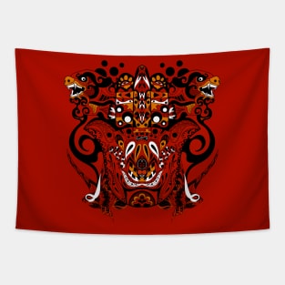 crimson immortal tribal beasts in ecopop pattern Tapestry