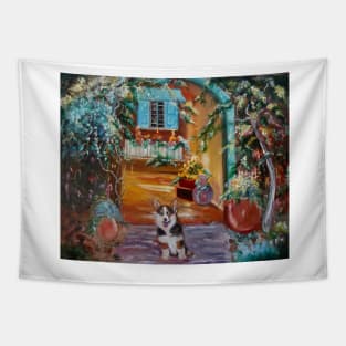 Corgi in the Courtyard Tapestry