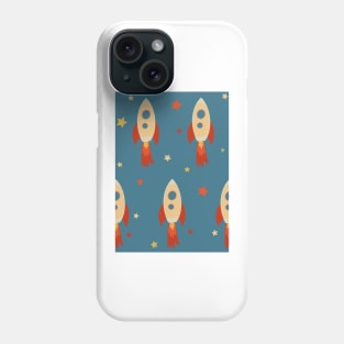 Retro Rocket Ships and Stars repeat pattern on blue background Phone Case