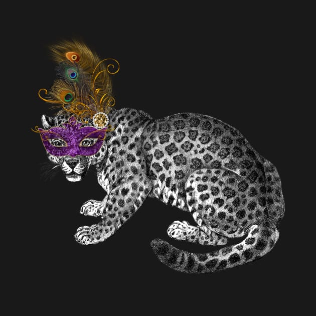 Mardi Gras Vintage Snow Leopard with Mask and Feather by SeaChangeDesign