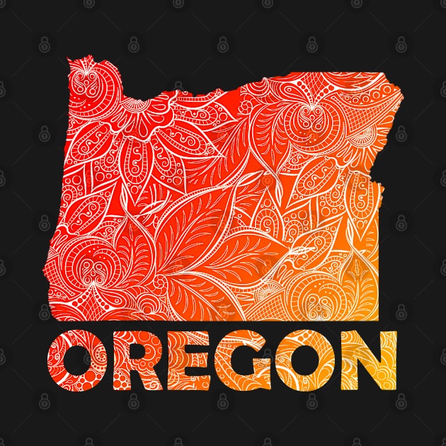 Colorful mandala art map of Oregon with text in blue and violet Colorful mandala art map of Oregon with text in red and orange by Happy Citizen