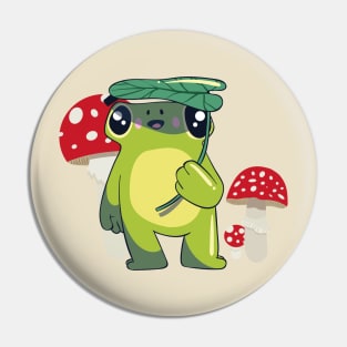 Cute Frog with Leaf Umbrella and Mushrooms Cottagecore Pin