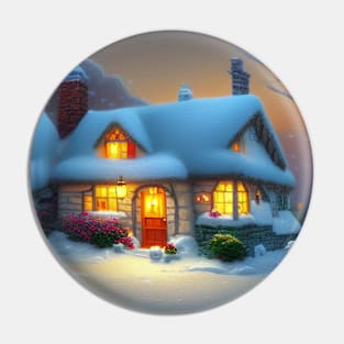 Magical Fantasy Cottage with Lights In A Snowy Scene, Scenery Nature Pin