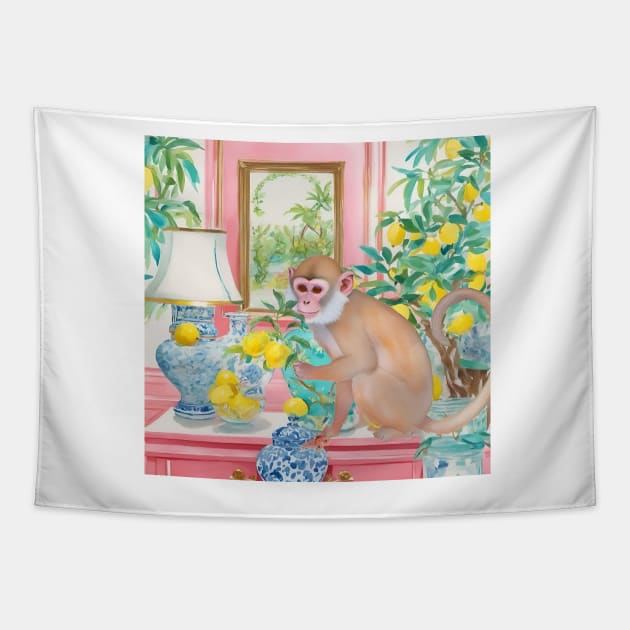 Preppy monkey and lemon tree in chinoiserie interior Tapestry by SophieClimaArt