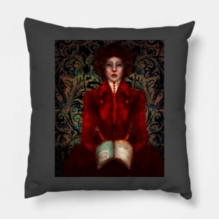 Dark Academia Lowbrow Art Portrait of Historical Ruby Red Fashion Illustration of Librarian Holding Illuminated Manuscript Pillow