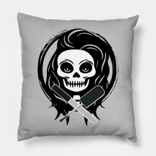 Female Nail Tech Skull and Manicurist Tools Black Logo Pillow