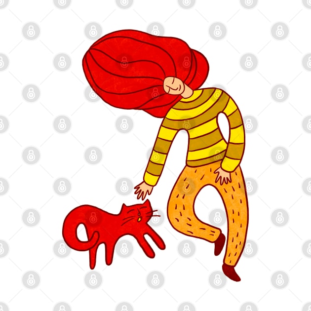 Cool girl with red hair and red cat walking, version 1 by iulistration