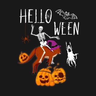 Hello Ween Skeleton Riding Kangaroo Halloween Funny T-Shirt