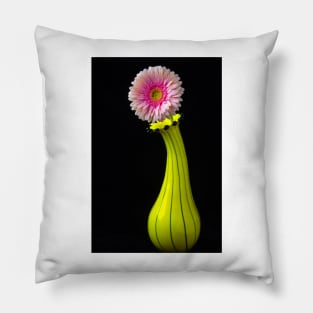 Fancy Unique Yellow Vase With Pink Gerbera Pillow