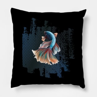 Beta Fish Blue with Rainbow Tail on Blue Pillow
