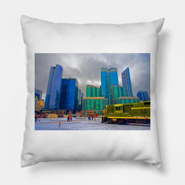 Train and Tall Towers Pillow by BrianPShaw