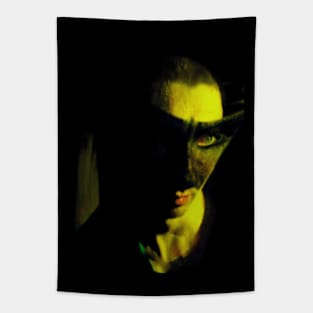 Portrait, digital collage and special processing. Face. Guy in mask. Weird. Yellow light. Tapestry