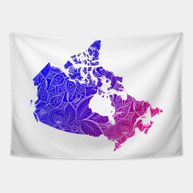 Colorful mandala art map of Canada with text in blue and violet Tapestry by Happy Citizen