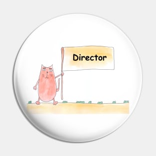 Director. Profession, work, job. Cat shows a banner with the inscription. Watercolor illustration. A gift for a professional. Pin
