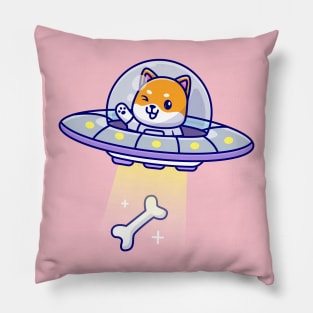 Cute Shiba Inu Catching Bone With Ufo Cartoon Pillow