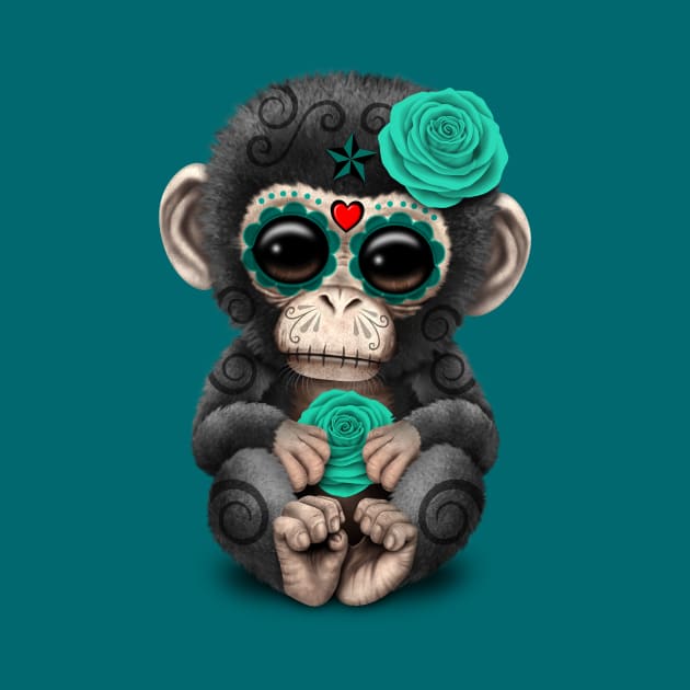 Teal Blue Day of the Dead Sugar Skull Baby Chimp by jeffbartels