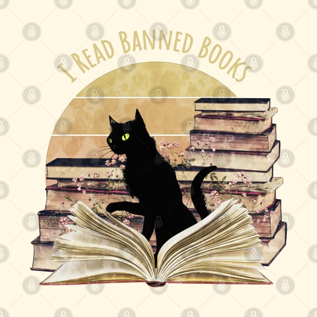 Black Cat reading a banned books, watercolor sunset style, flowers growing from book, cats and books lovers by Collagedream