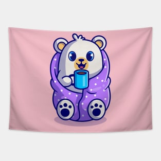 Cute Polar Bear Wearing Blanket And Drink Hot Coffee Cup Cartoon Tapestry