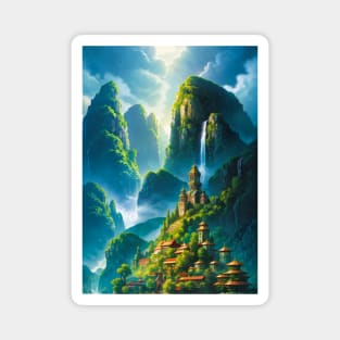 Waterfall Over a Lovely Fantasy Village Magnet