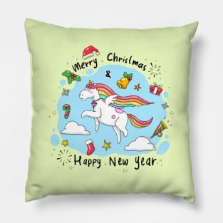 Merry Christmas Happy New Year Unicorn Pillow