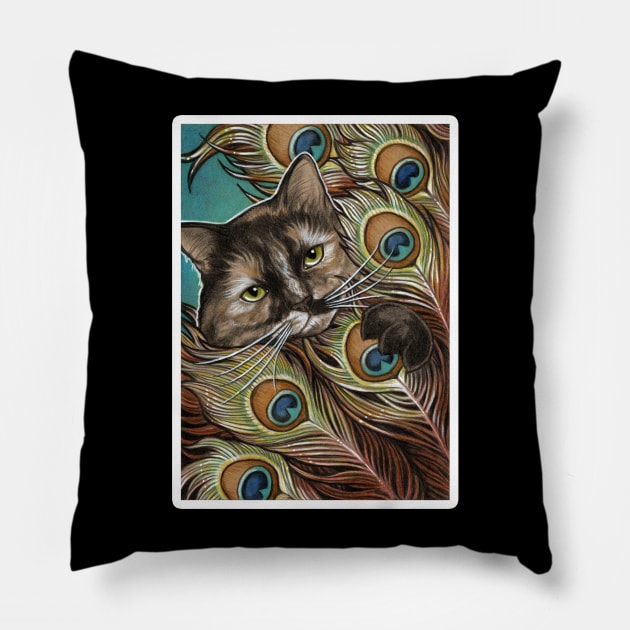 Tortie Cat and Peacock Feathers - White Outlined Version Pillow by Nat Ewert Art