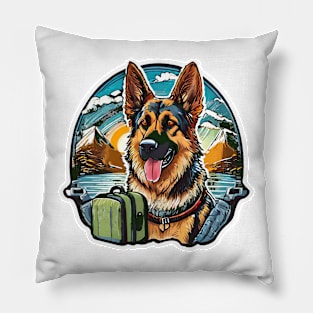 Retro Vintage Travel and Hiking Adventurous German Shepherd Dog Pillow