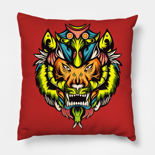 Tiger Colorful Head Illustration Pillow by Mako Design 