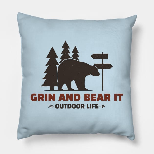 Grin and Bear It, Mountain T-Shirt, Outdoor T-Shirt, Bear T-Shirt, Wildlife T-Shirt, Winter Sports Pillow by Style Conscious