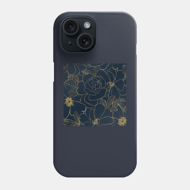 Elegant Gold Roses Floral Drawing Blue Design Phone Case by NdesignTrend