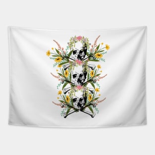 sweet and subliminal skeletal skull with flowers of various colors Tapestry