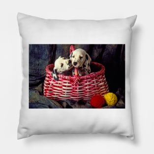 Two Dalmatian Puppies In Pink Basket Pillow