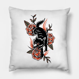 American Traditional Tattoo of Black Wolf on Red Roses with Flames Pillow