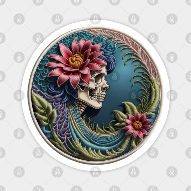 Floral Grateful Skeleton Embroidered Patch Magnet by Xie