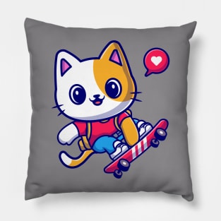 Cute Cat Playing Skateboard Cartoon Pillow