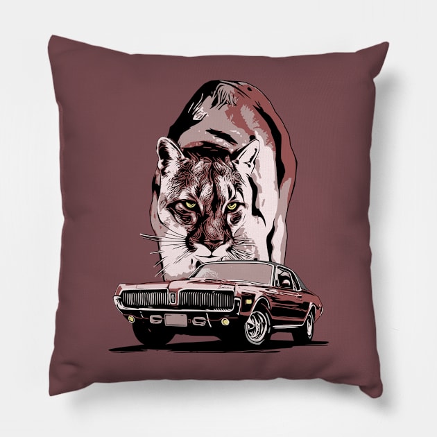 1968 Mercury Cougar with cougar cat backdrop, red theme. Pillow by ZoeysGarage