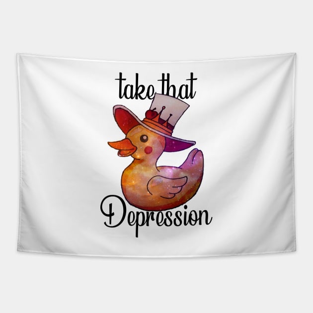 Take That Depression -  Funny And Cute Hazbin Hotel Duck And Lucifer Rubber duck Tapestry by Pharaoh Shop