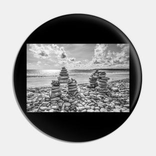 Rock Cairns On Amroth Beach, Wales, Black And White Pin