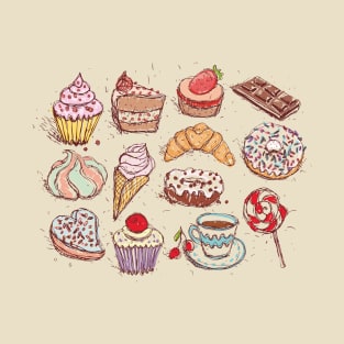 Hand drawn confectionery croissant Cupcake candy marshmallow ice cream cake donut and coffee. T-Shirt