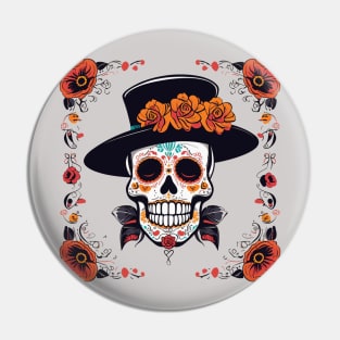 Sugar skull with top hat floral dia de los muertos halloween design Pin