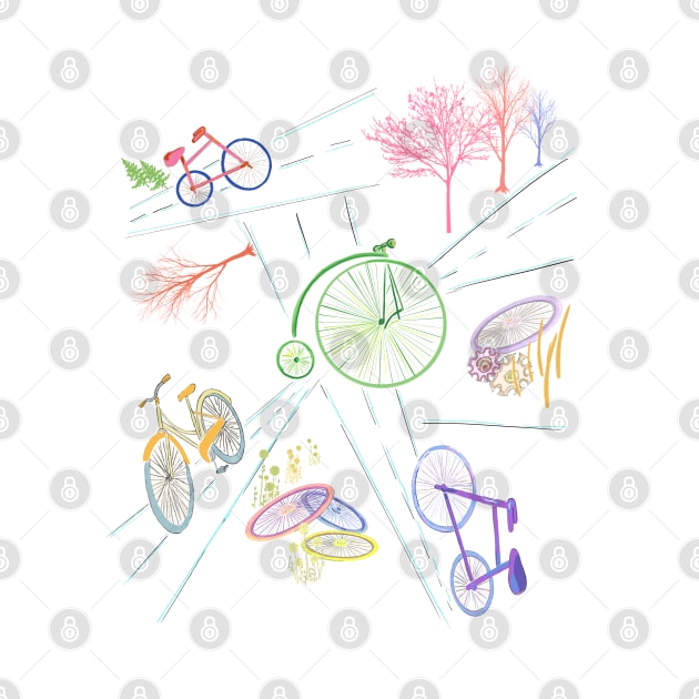 Bikes, streets, tires, trees in a simple design of pastel colors.  Car, share the road. by Peaceful Pigments