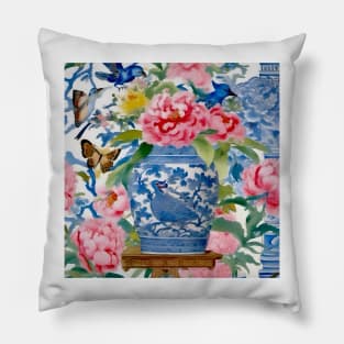 Chinoiserie vase, peonies, birds and butterflies watercolor painting Pillow