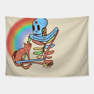 Rainbow Skeleton and Cat Friend Tapestry