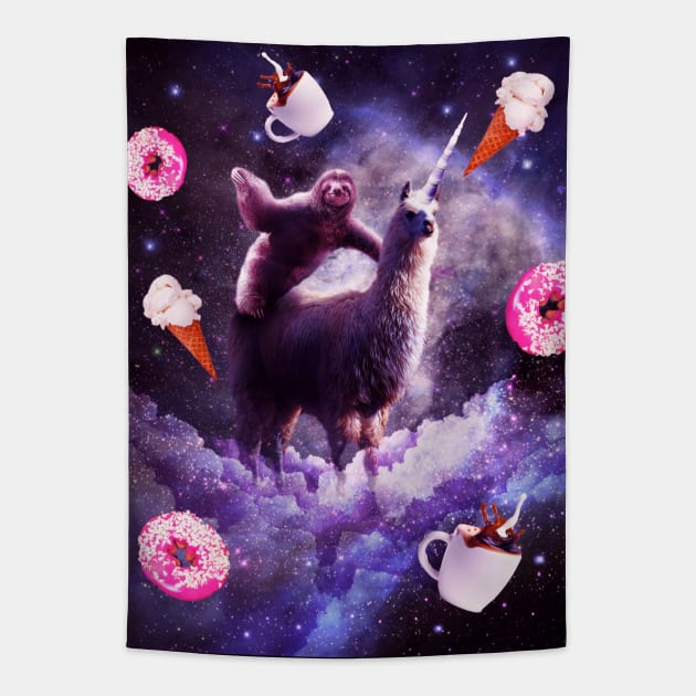 Outer Space Sloth Riding Llama Unicorn - Donut Tapestry by Random Galaxy