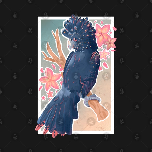 Red Tailed Black Cockatoo with Plumeria by narwhalwall